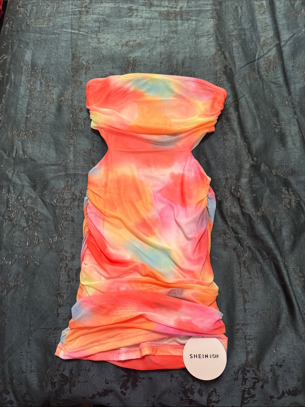 SHEIN Bright Tie-Dye Strapless Ruched Bodycon Dress - Coral, Yellow, Blue